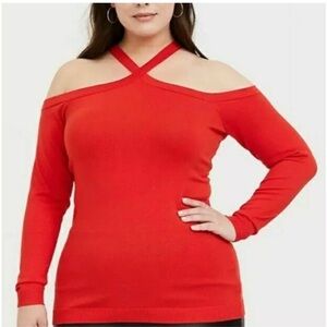 4X Red Orange Torrid Cold Shoulder Sweater w/ Long Sleeves & Back Zip